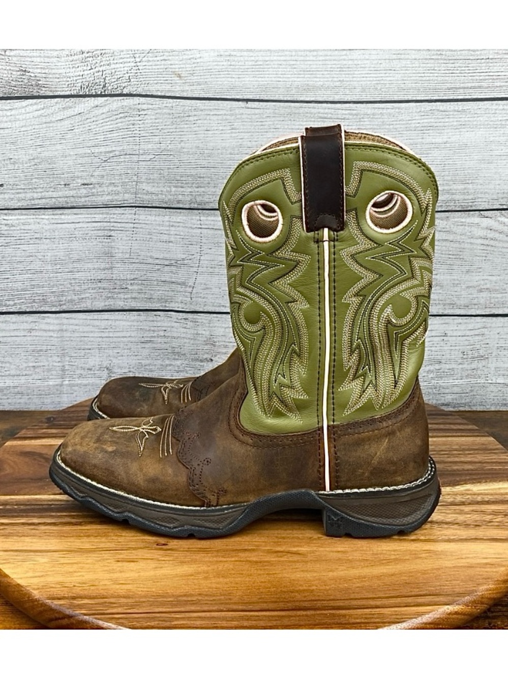 Durango Lady Rebel Green Leather Saddle Cowgirl Boot Square Toe Women’s Size 8.5
